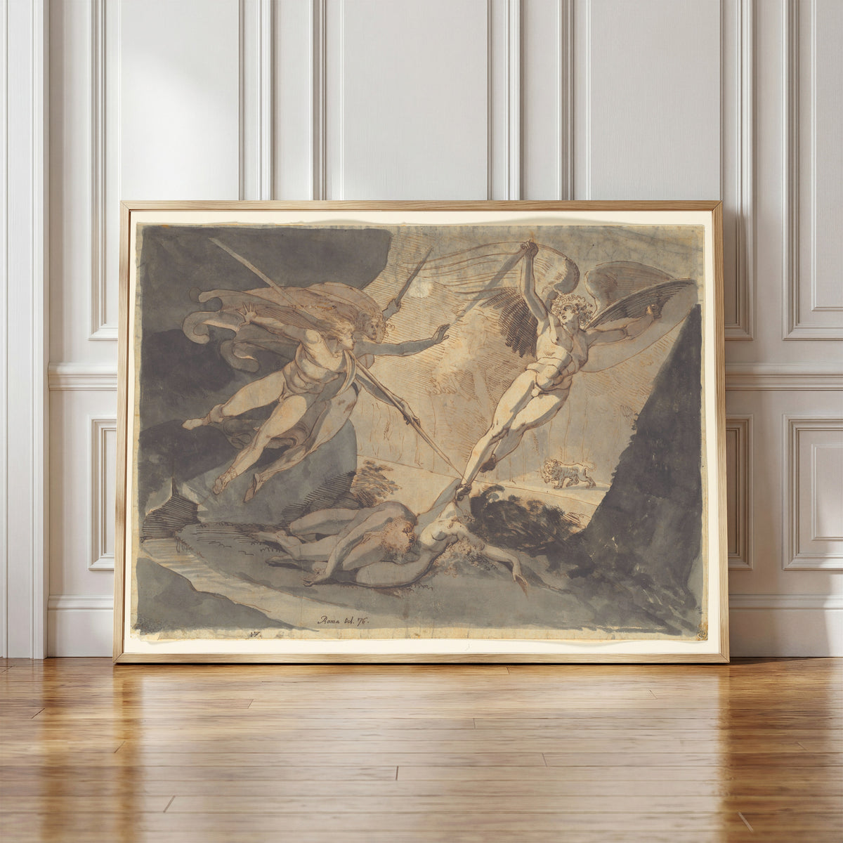 Framed art print of Satan Starts from the Touch of Ithuriel's Spear by Henry Fuseli, in a light wood frame leaning against a panelled white wall