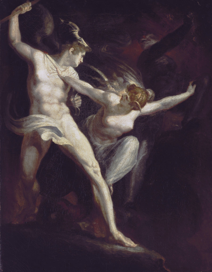 Henry Fuseli — Satan and Death, Separated by Sin | Art Print shown to scale on a wall above a sofa