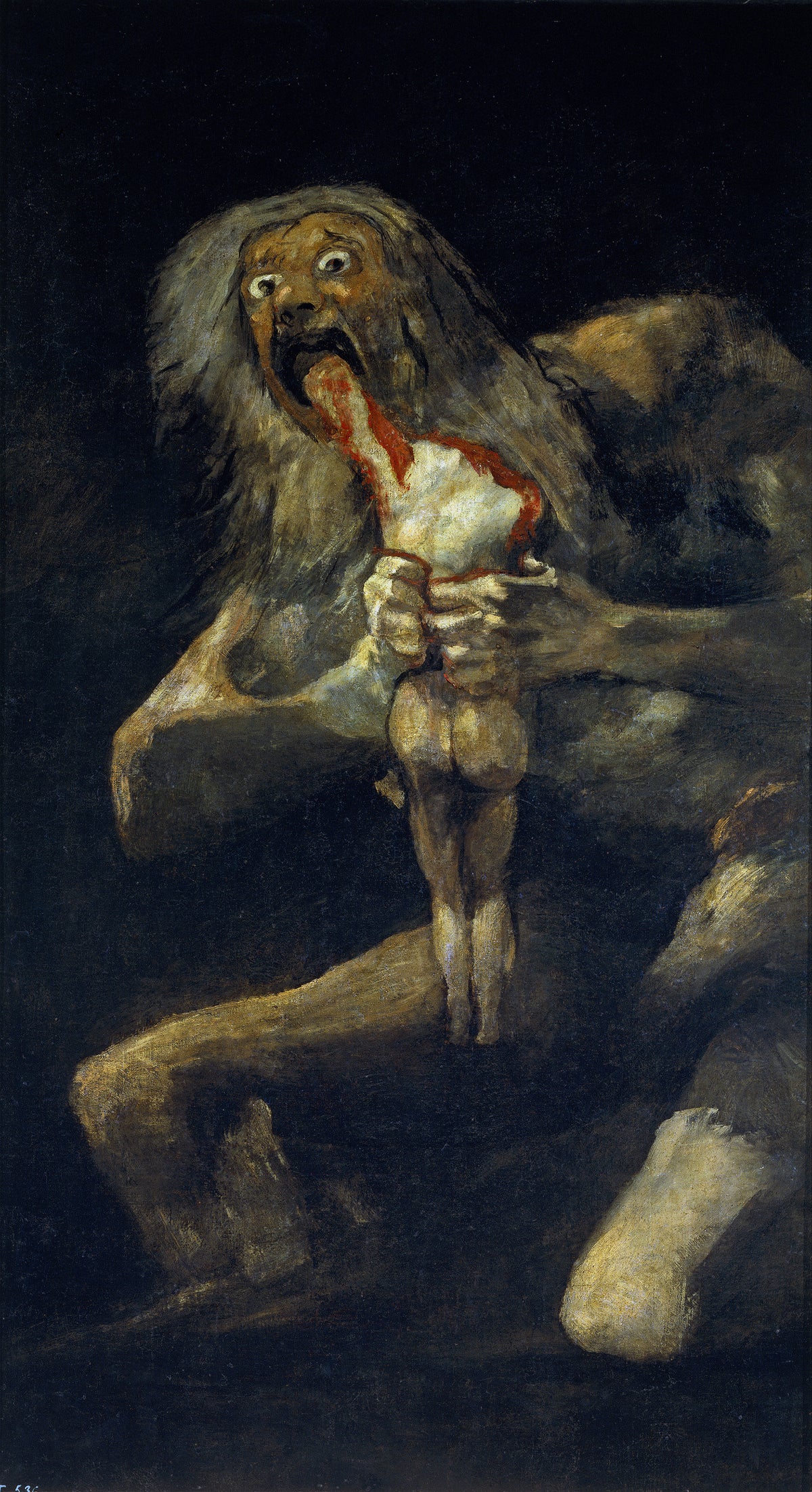 Saturn Devouring His Son by Francisco de Goya — A wild-eyed giant devours a headless body out of the dark