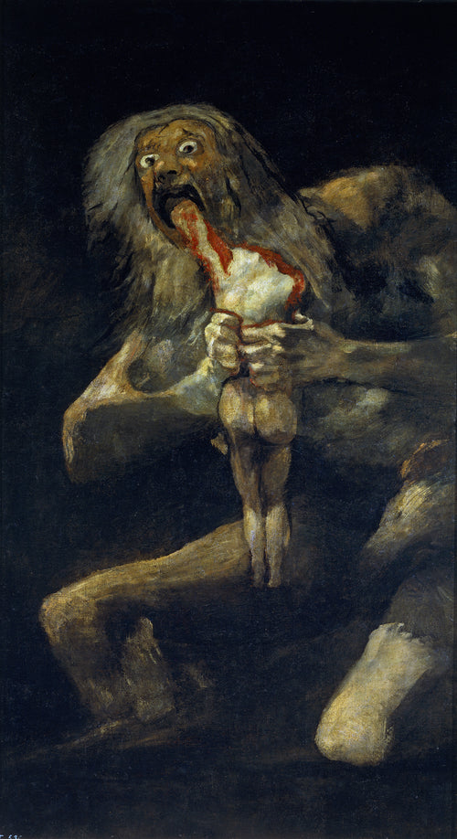 Saturn Devouring His Son by Francisco de Goya — A wild-eyed giant devours a headless body out of the dark