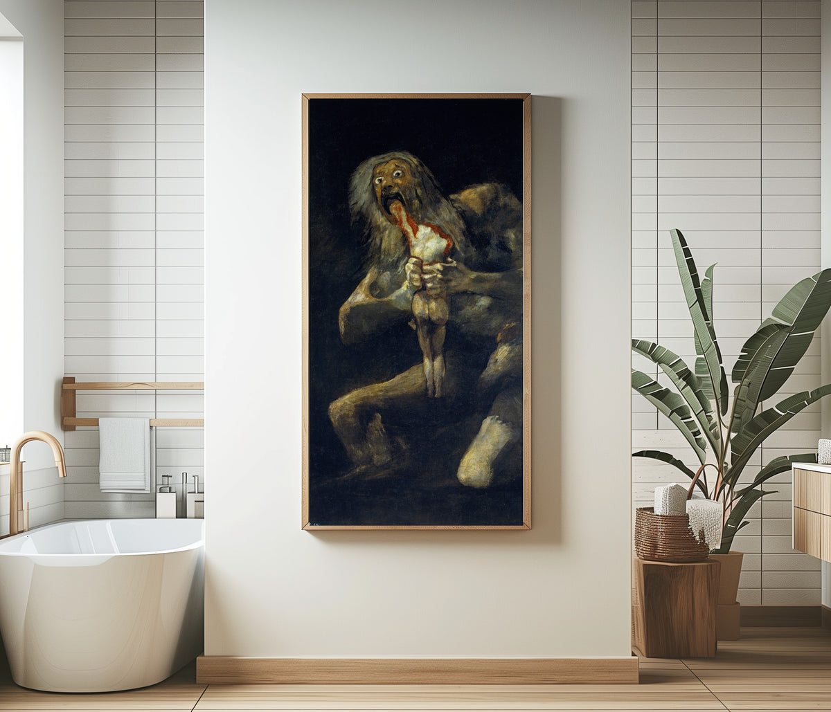 Framed art print of Saturn Devouring His Son by Francisco de Goya, in a bathroom beside a freestanding tub