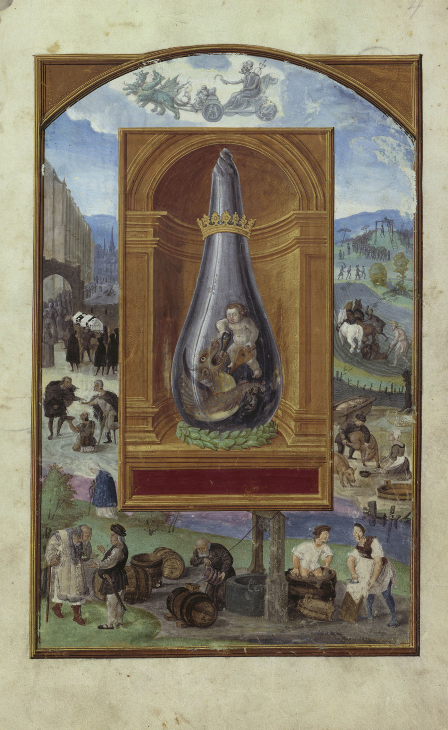 Splendor Solis — Saturn and His Children | Illuminated Manuscript Print shown to scale on a wall above a sofa