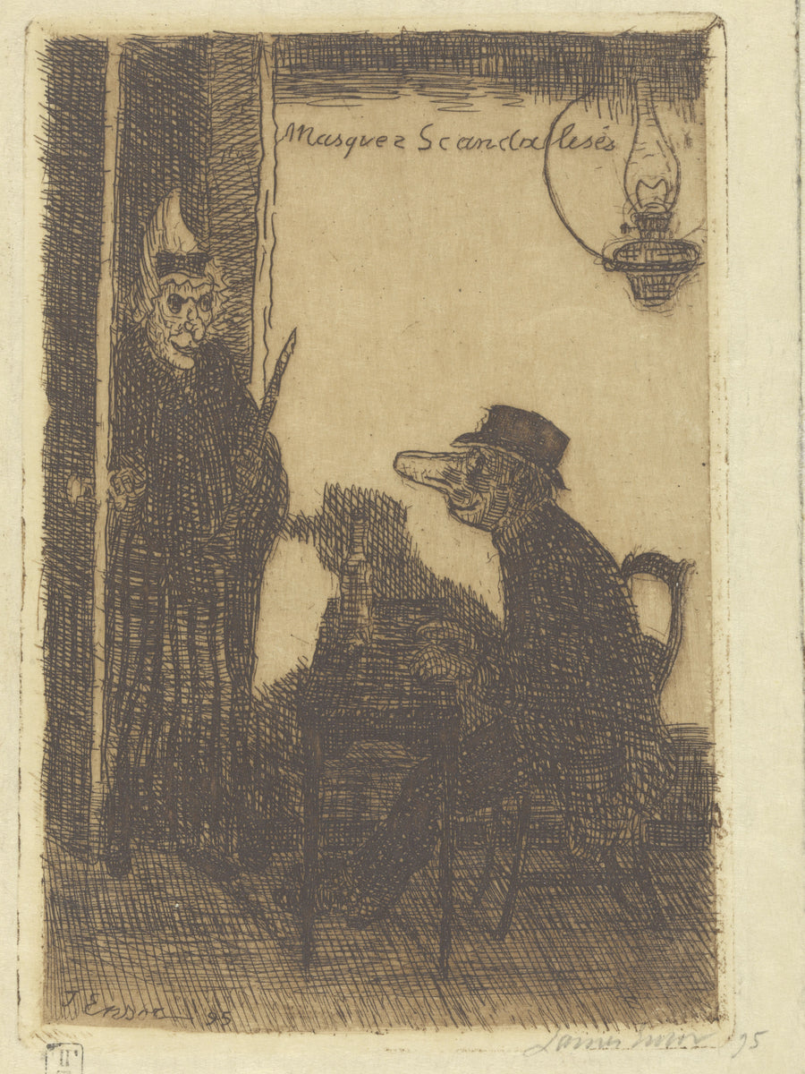 James Ensor — Scandalized Masks (Masques scandalises) | Etching Print shown to scale on a wall above a sofa