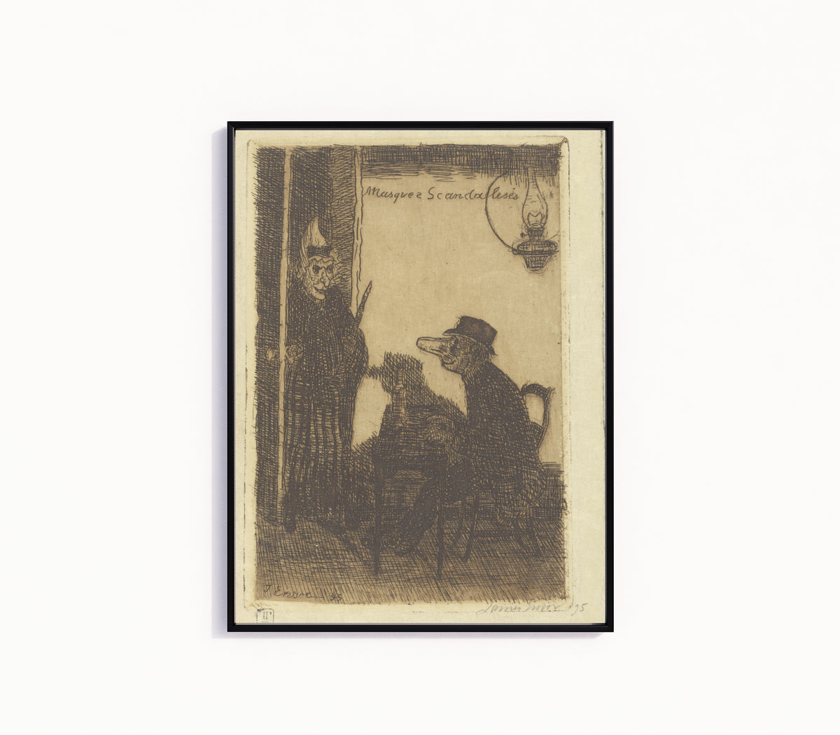 Framed art print of Scandalized Masks (Masques scandalises) by James Ensor, in a slim black frame on a plain white wall