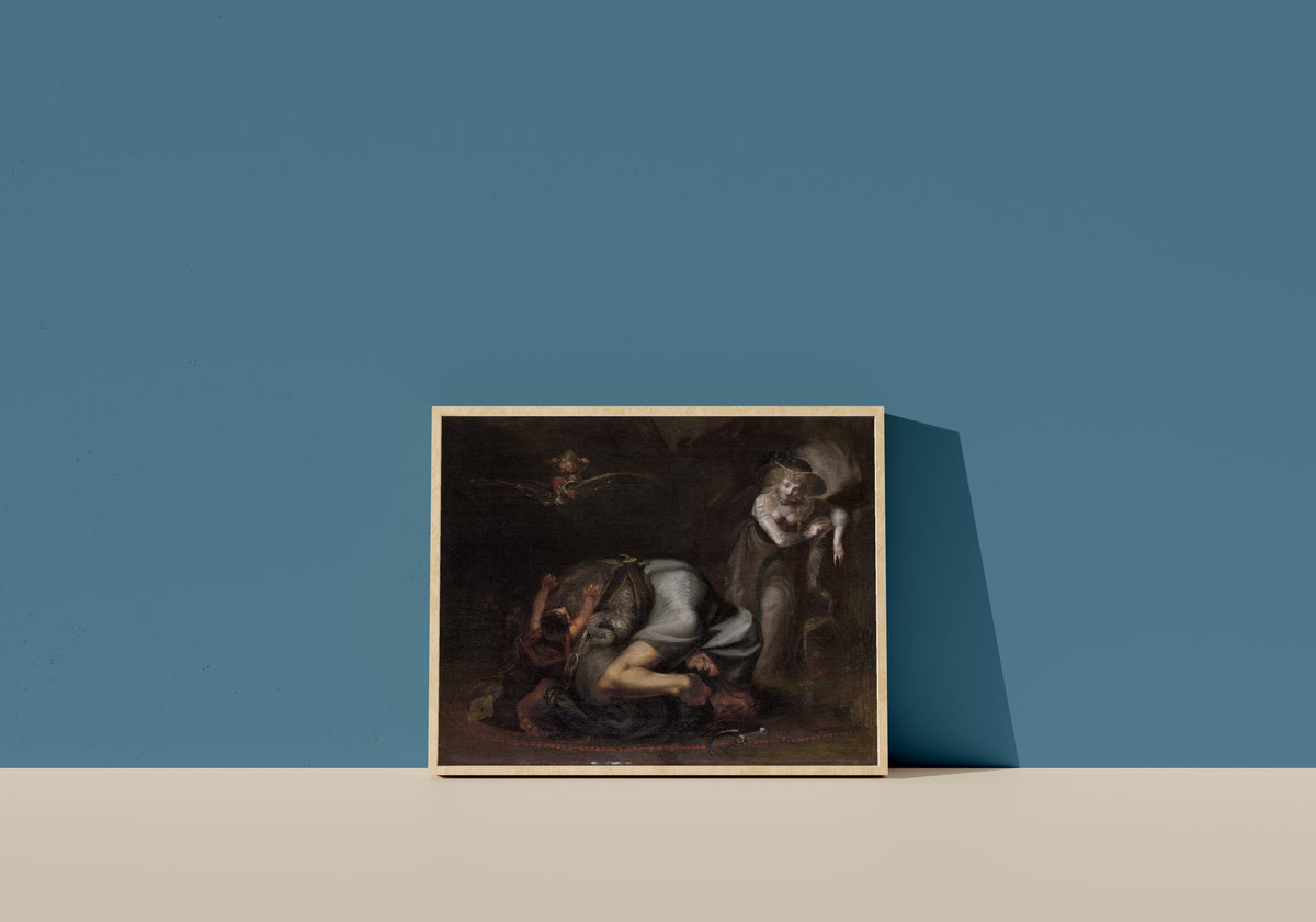 Framed art print of Scene of Witches, from The Masque of Queens by Ben Jonson by Henry Fuseli, in a light wood frame leaning on a blue wall