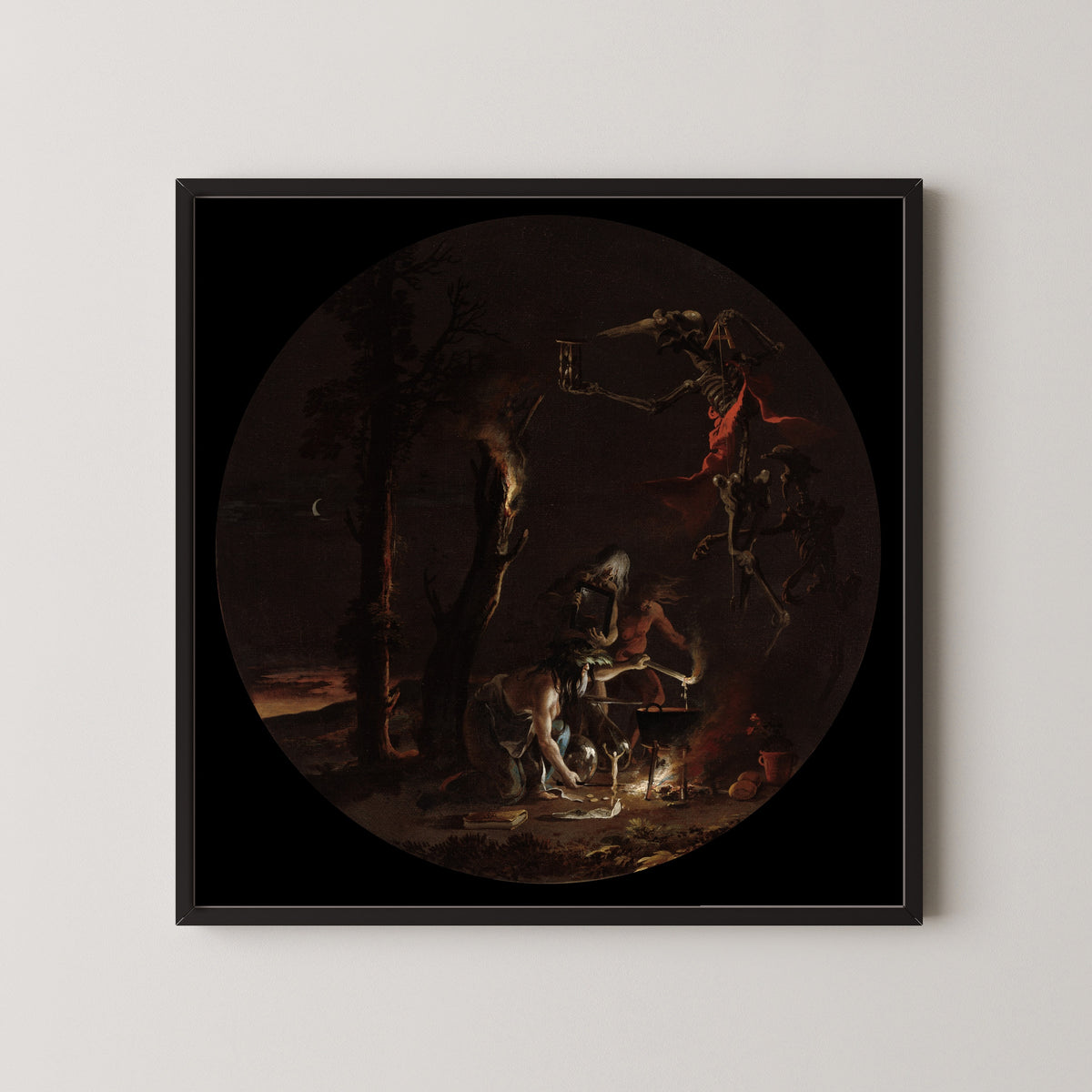 Framed art print of Scenes of Witchcraft: Evening by Salvator Rosa, in a black frame on a pale wall