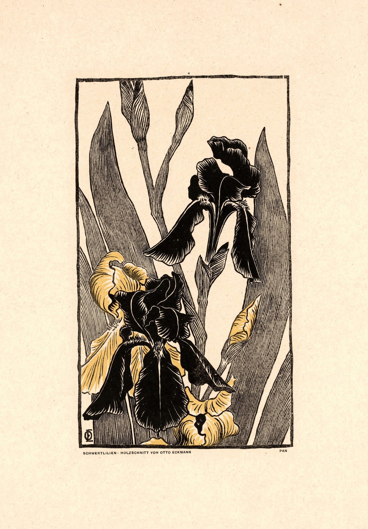 Schwertlilien by Otto Eckmann — Two black irises and tall blades cut in bold woodcut lines