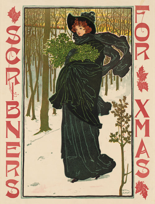 Scribner's for Xmas by Louis Rhead — A woman in a green coat carries berried sprigs through snowy woods