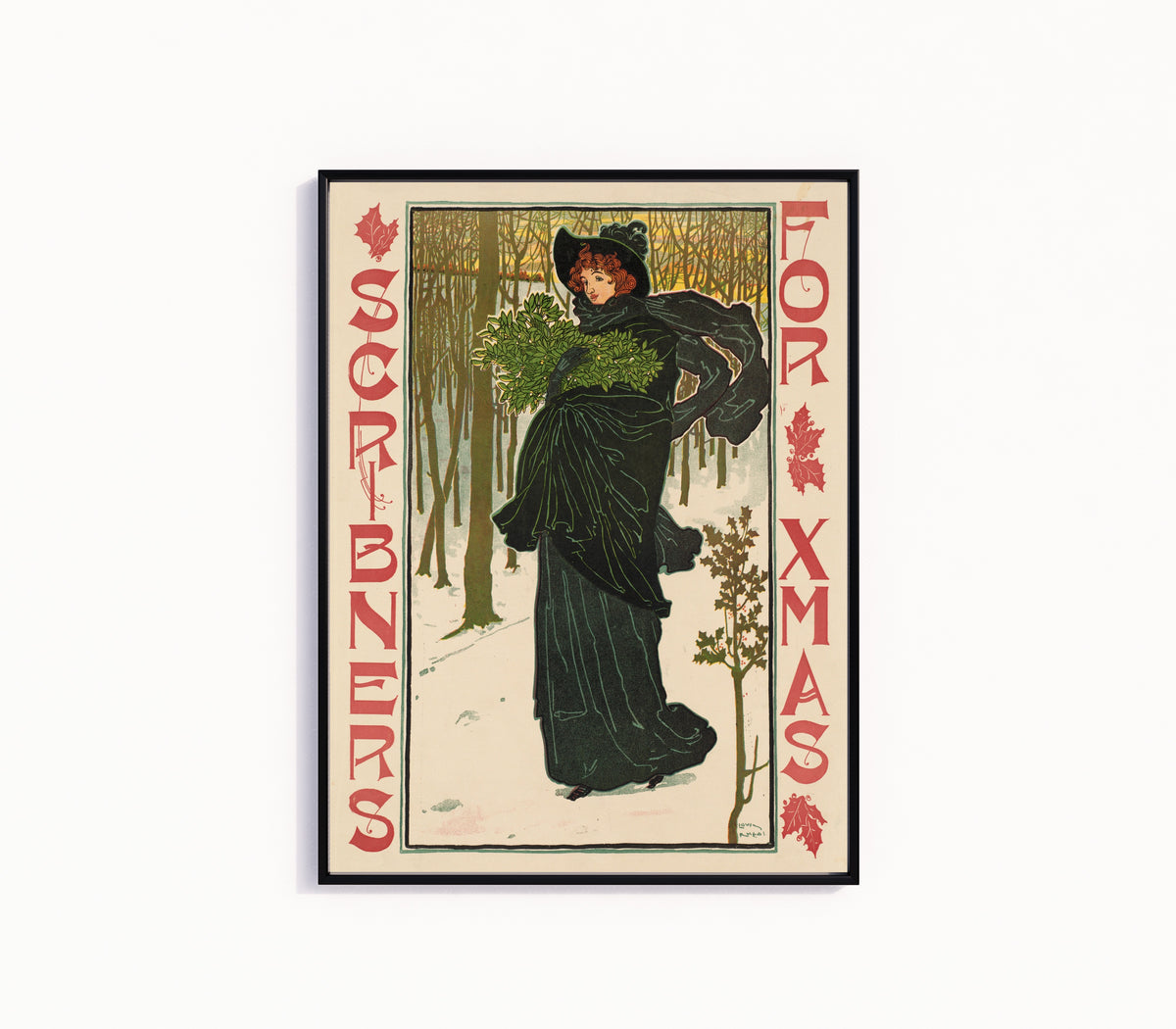 Framed art print of Scribner's for Xmas by Louis Rhead, in a slim black frame on a plain white wall