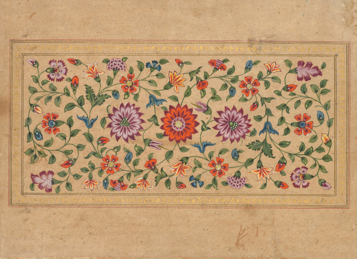 Scrolling Floral Vines by Fayzullah — Pink, orange and blue blossoms twine across a buff panel