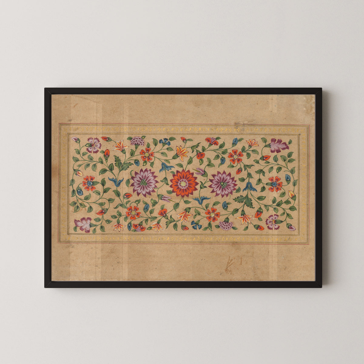 Framed art print of Scrolling Floral Vines by Fayzullah, in a black frame on a pale wall