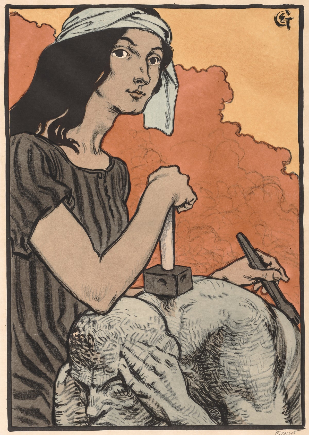 Sculptress by Eugène Grasset — A young sculptor with mallet and chisel at a rough-hewn stone block