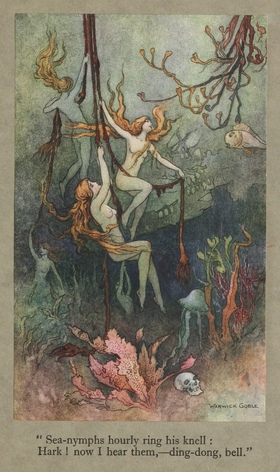 Warwick Goble — Sea-nymphs hourly ring his knell; Hark! now I hear them,—ding-dong, bell. | Fantasy Illustration Print shown to scale on a wall above a sofa