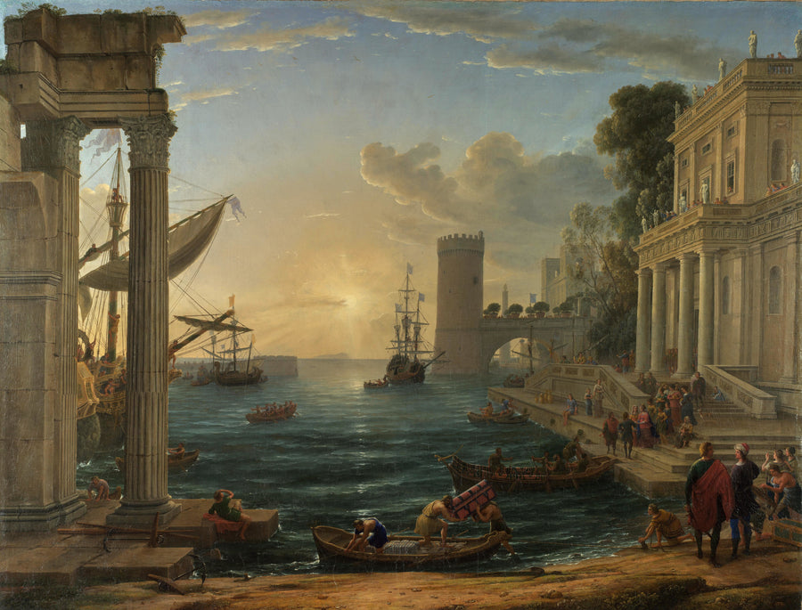 Claude Lorrain — Seaport with the Embarkation of the Queen of Sheba | Fine Art Print shown to scale on a wall above a sofa
