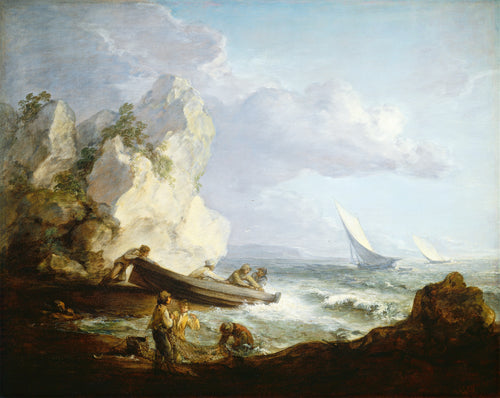 Seashore with Fishermen by Thomas Gainsborough — Fishermen haul a boat into the surf beneath a pale cliff