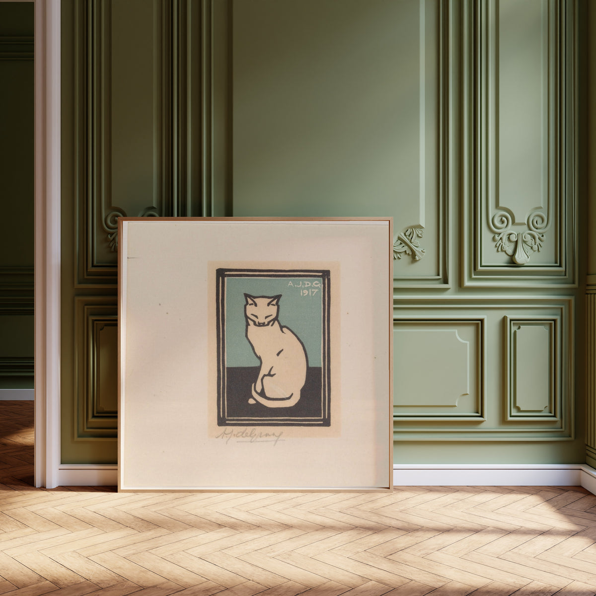 Julie de Graag — Seated Cat with Closed Eyes | Woodcut Print