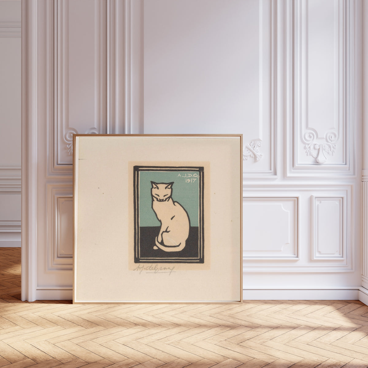 Julie de Graag — Seated Cat with Closed Eyes | Woodcut Print