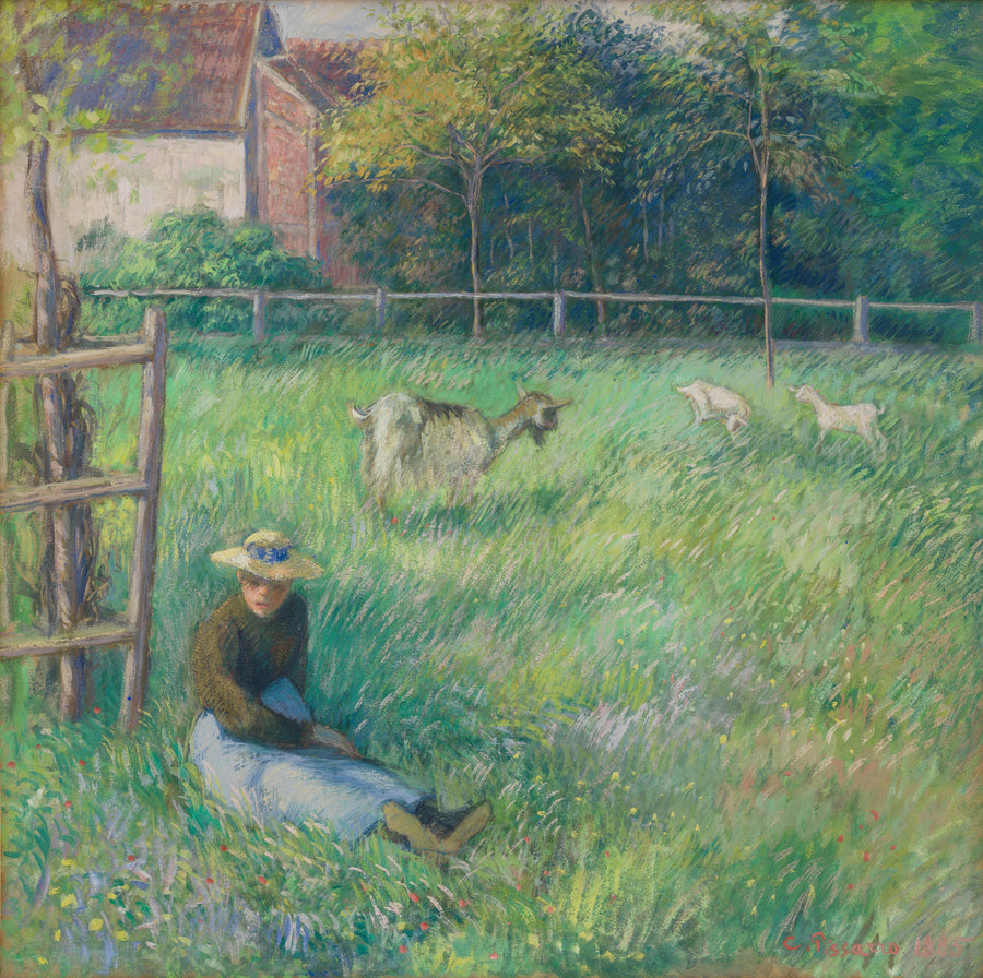 Camille Pissarro — Seated Peasant Woman with Goats | Fine Art Print shown to scale on a wall above a sofa