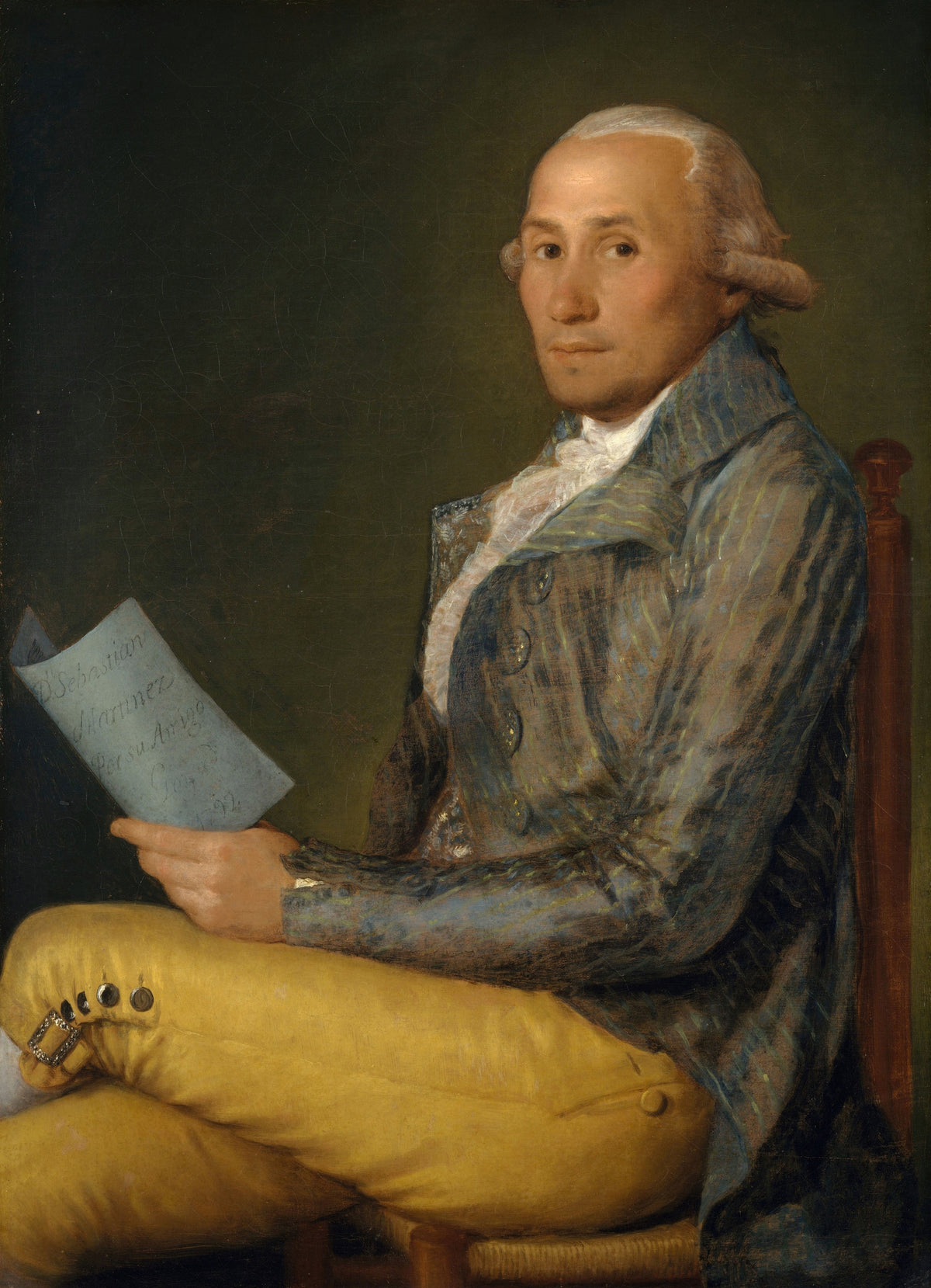 Sebastián Martínez y Pérez (1747–1800) by Francisco de Goya — A man in yellow silk breeches holds a letter bearing his name