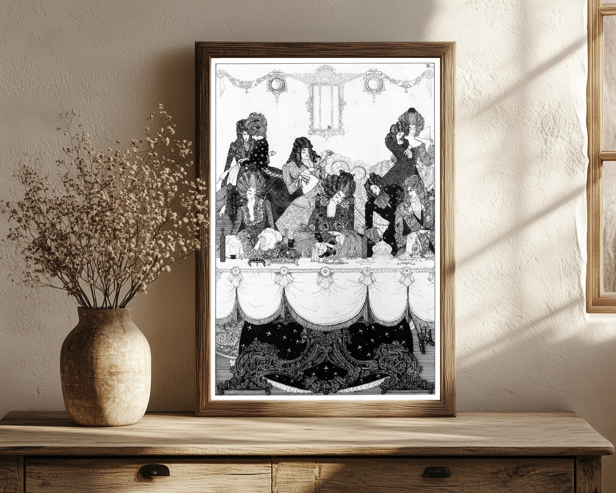 Framed art print of See Fierce Belinda on the Baron Flies by Harry Clarke, in a dark wood frame leaning on a rustic console beside dried flowers