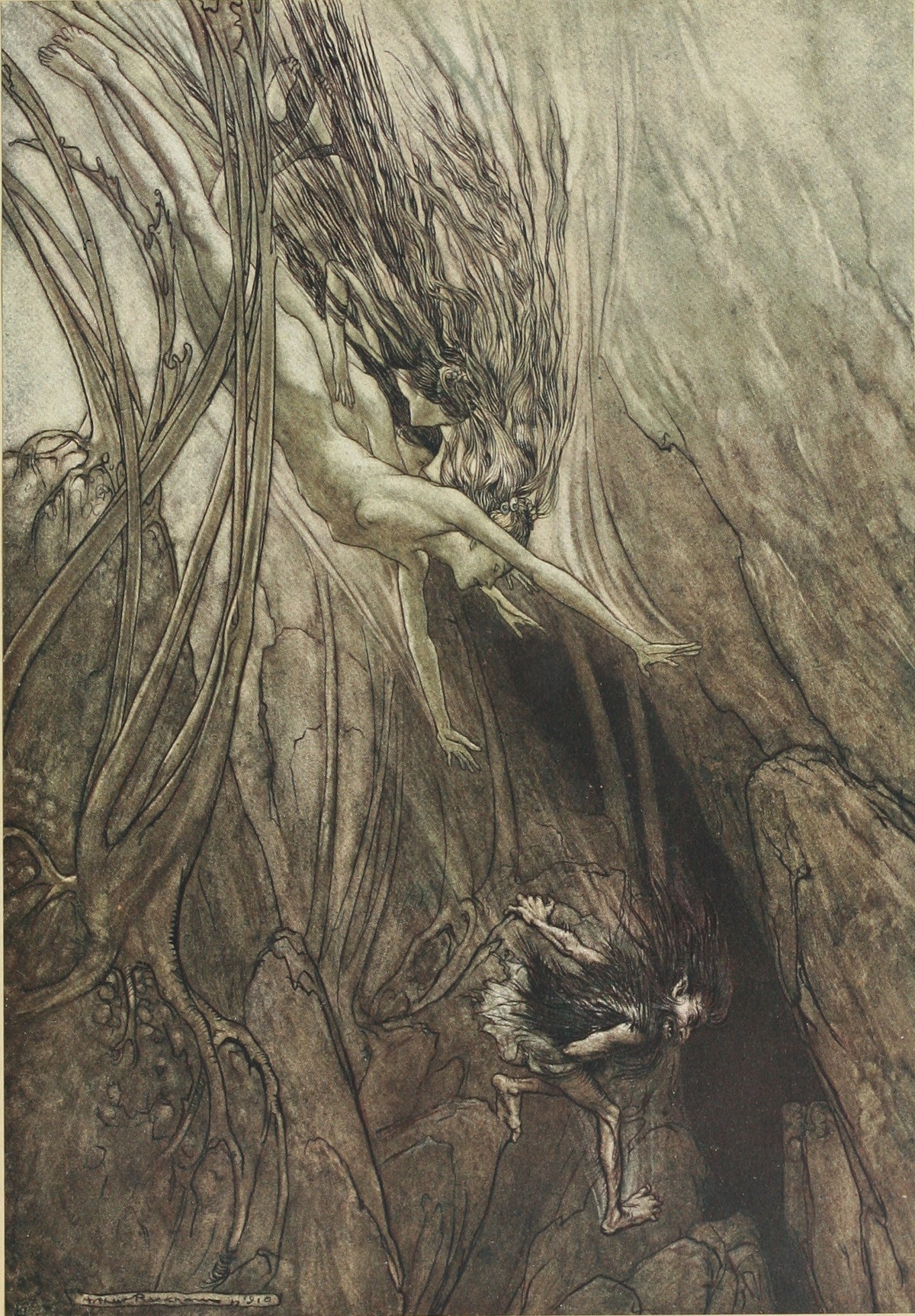Arthur Rackham — Seize the Despoiler! Rescue the Gold! | Wagner Illustration Print