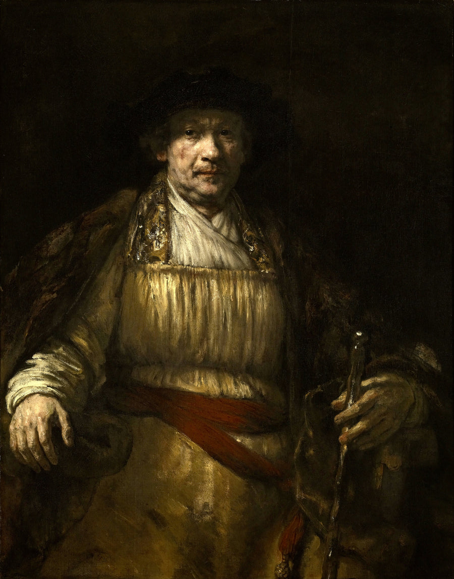 Rembrandt van Rijn — Self-Portrait (1658) | Fine Art Print shown to scale on a wall above a sofa