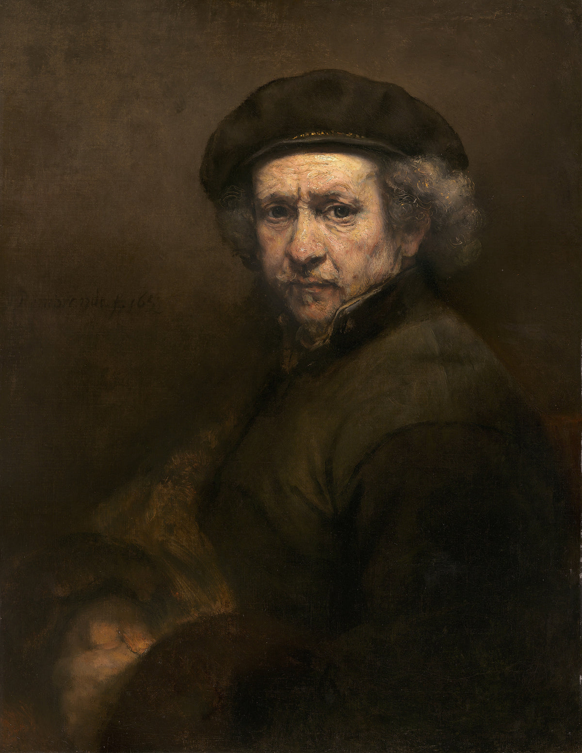 Self-Portrait (1659) by Rembrandt van Rijn — An older man in a dark beret meets our eyes with a level gaze