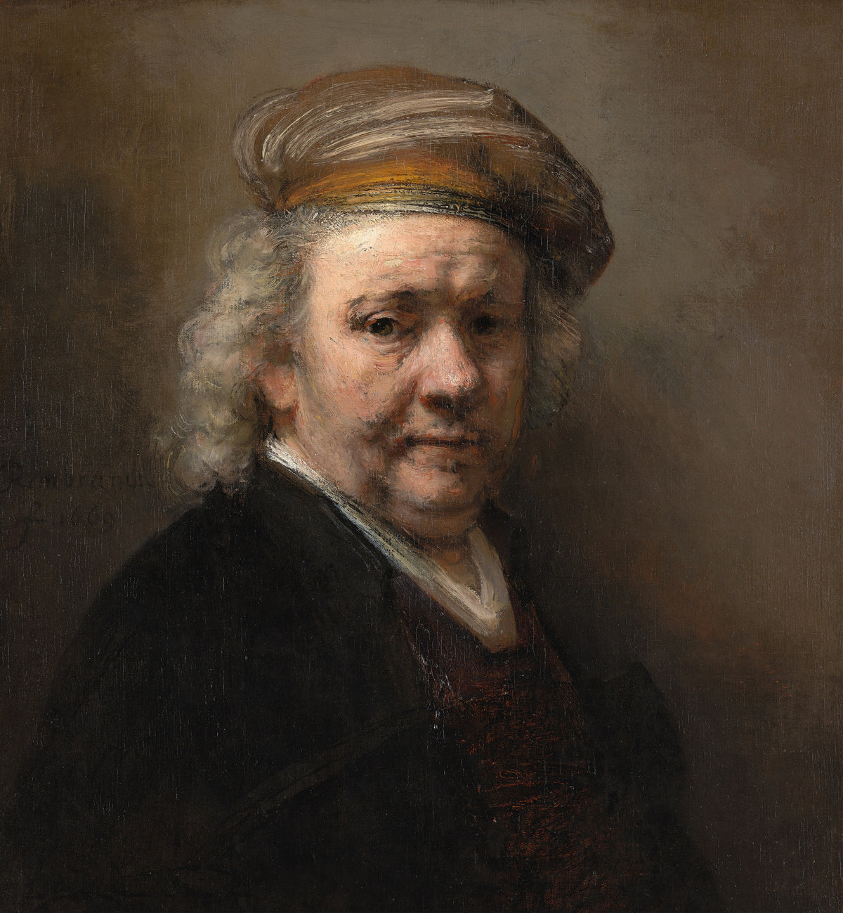 Self-Portrait (1669) by Rembrandt van Rijn — An old painter in a pale cap looks out with a steady, weary gaze