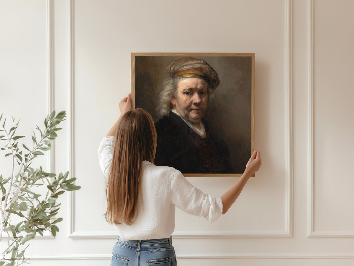 Framed art print of Self-Portrait (1669) by Rembrandt van Rijn, hung on a panelled wall