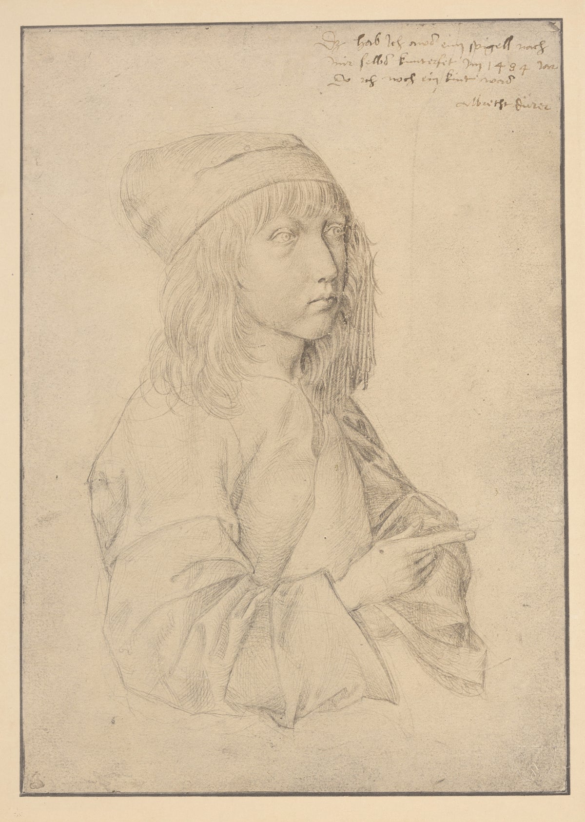 Self-Portrait at Thirteen by Albrecht Dürer — A long-haired boy in a soft cap looks out, one finger pointing