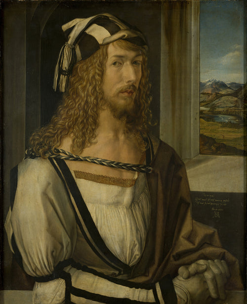 Self-Portrait by Albrecht Dürer — A long-haired young man gazes out beside a mountain window