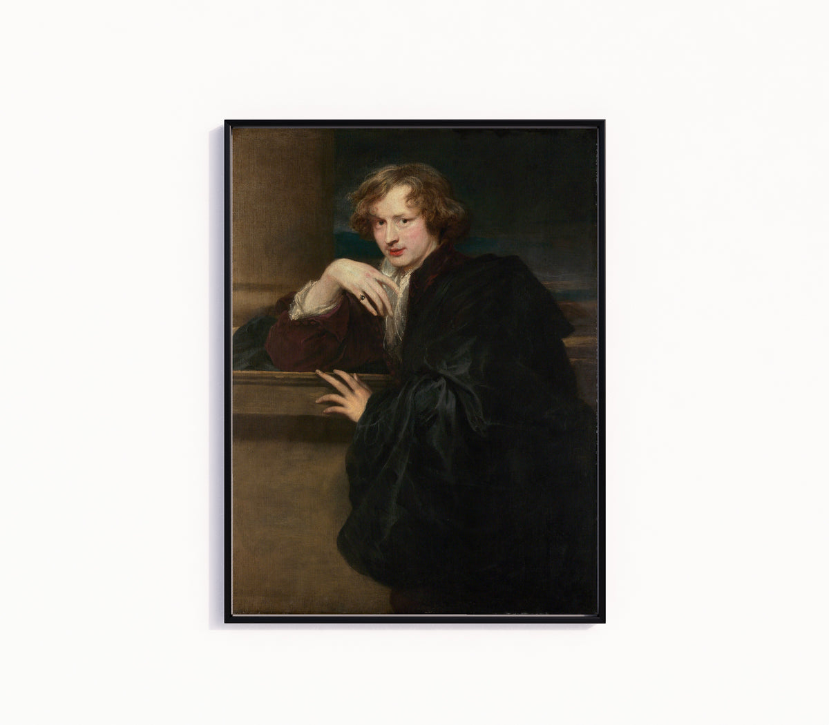 Framed art print of Self-Portrait by Anthony van Dyck, in a slim black frame on a plain white wall
