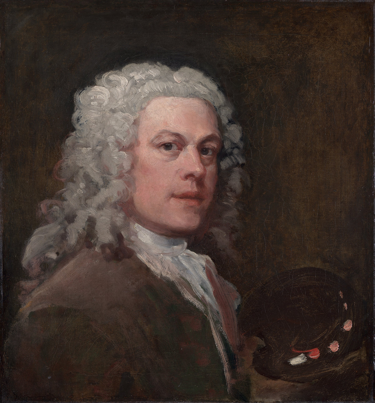 Self-Portrait by William Hogarth — A man in a powdered wig glances over his shoulder