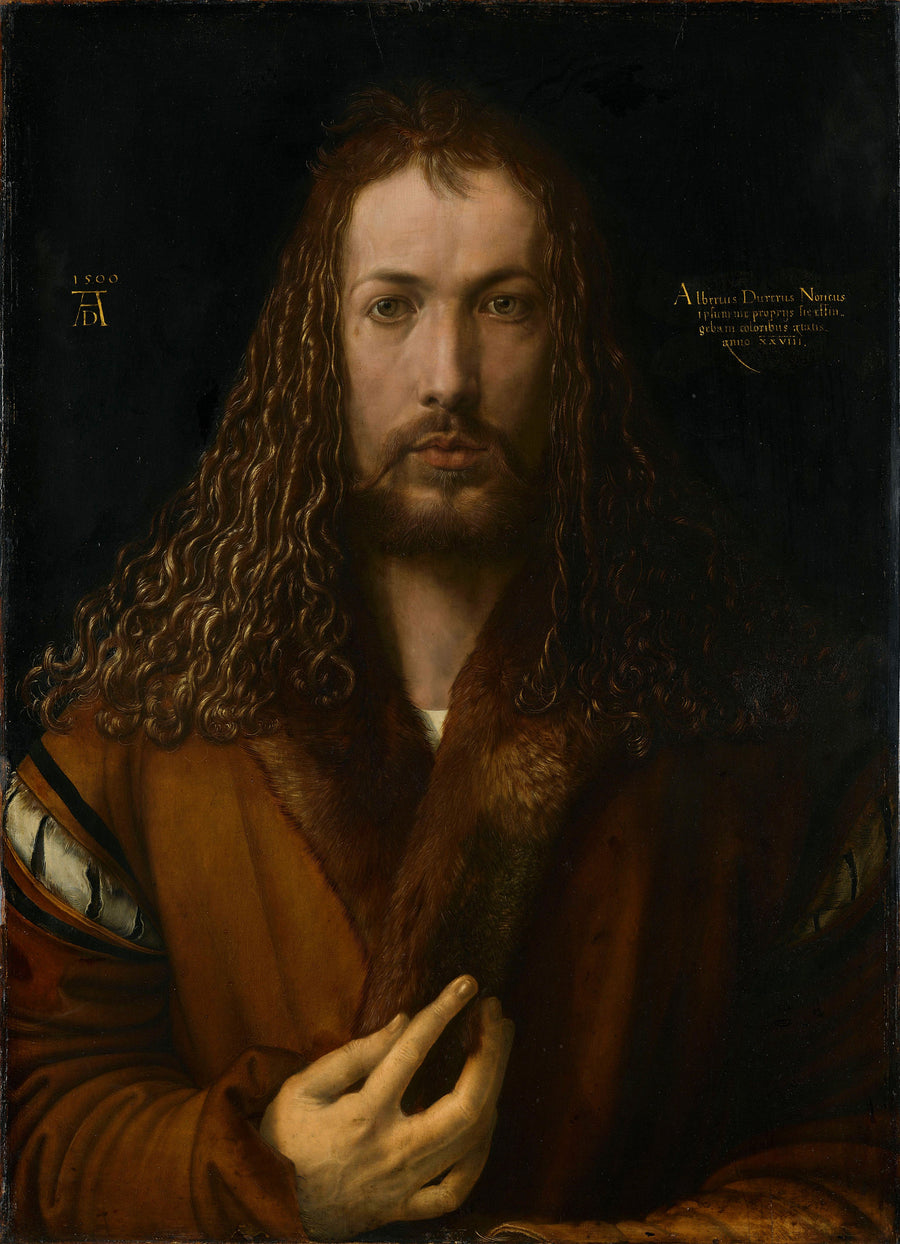 Albrecht Dürer — Self-Portrait in a Fur-Trimmed Coat | Fine Art Print shown to scale on a wall above a sofa