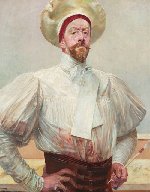 Self-Portrait in a White Smock by Jacek Malczewski — A painter in a white smock and a great pale hat stares the viewer down
