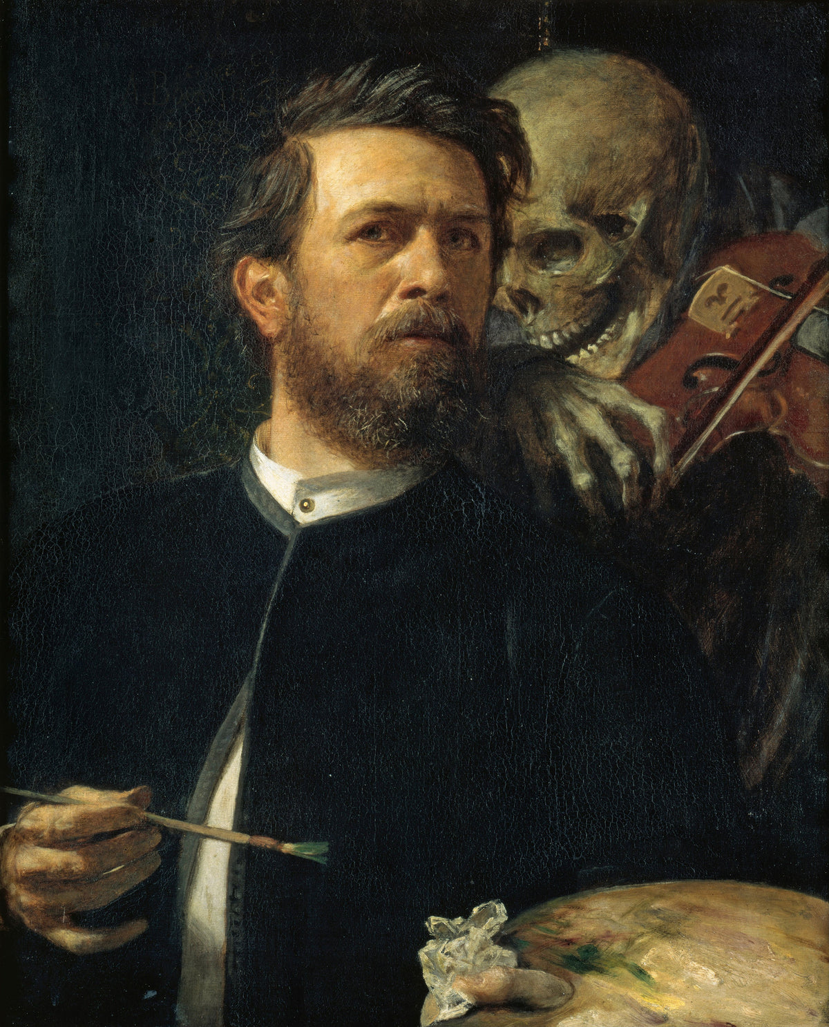 Self-Portrait with Death Playing the Fiddle by Arnold Böcklin — A grinning skeleton fiddles at the painter's ear as he works