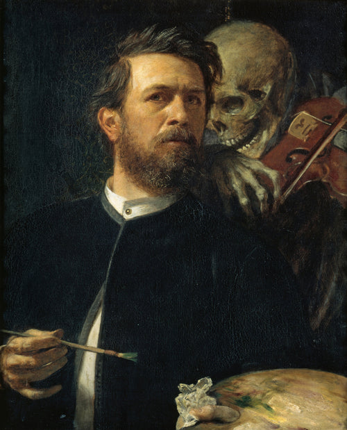 Self-Portrait with Death Playing the Fiddle by Arnold Böcklin — A grinning skeleton fiddles at the painter's ear as he works