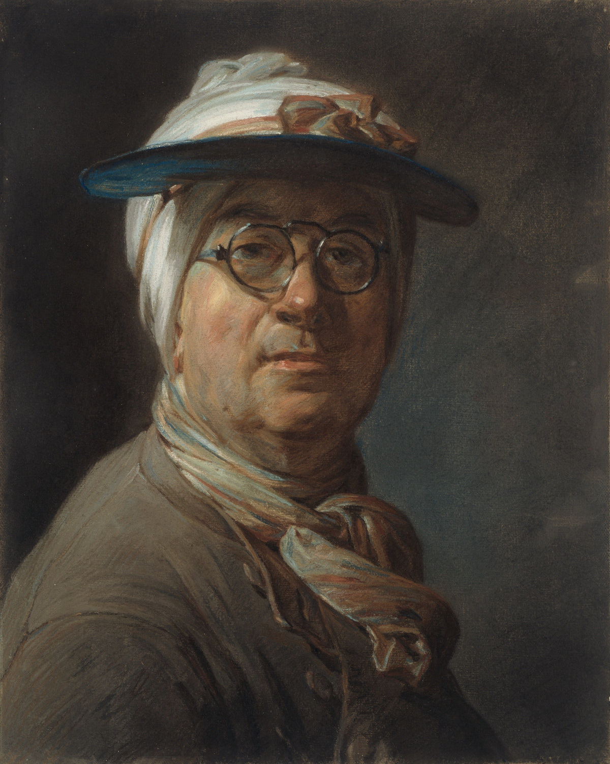 Self-Portrait with a Visor by Jean-Siméon Chardin — A man in round spectacles under a blue-edged visor and head-cloth