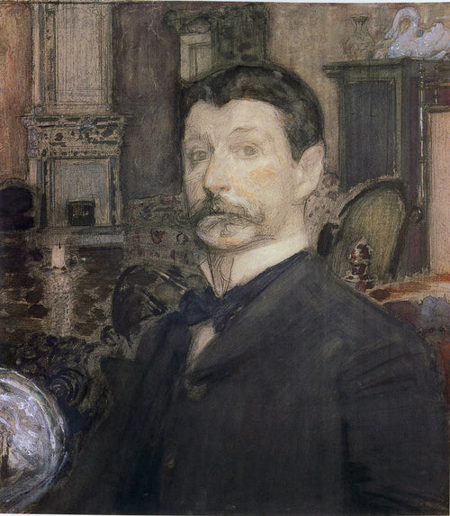 Self-portrait by Mikhail Vrubel — A dark-haired man with a heavy moustache in a crowded drawing room