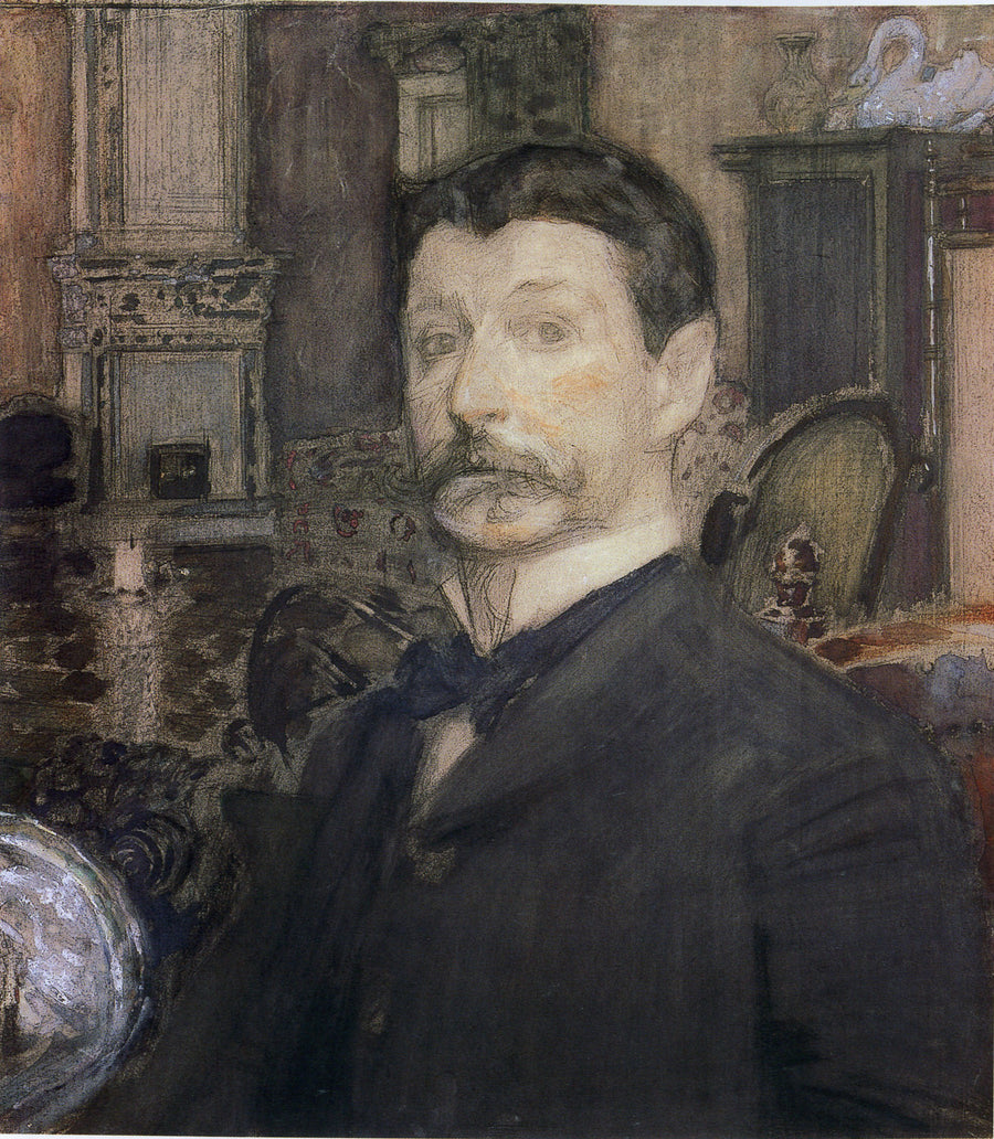 Mikhail Vrubel — Self-portrait | Art Print shown to scale on a wall above a sofa