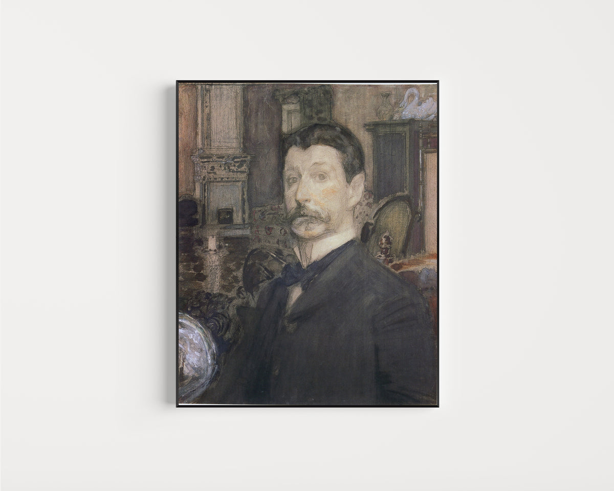 Framed art print of Self-portrait by Mikhail Vrubel, in a slim black frame on a plain white wall