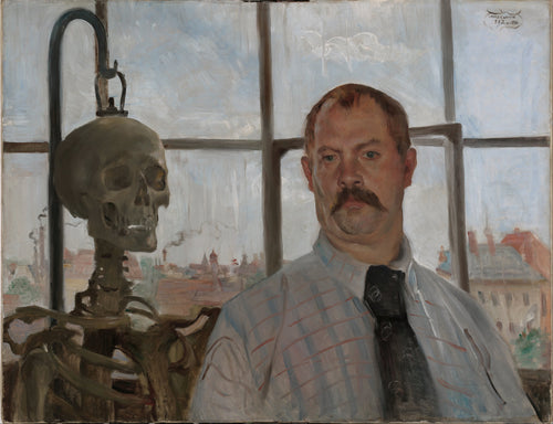 Self-portrait with Skeleton by Lovis Corinth — A painter poses beside a hanging skeleton at his studio window