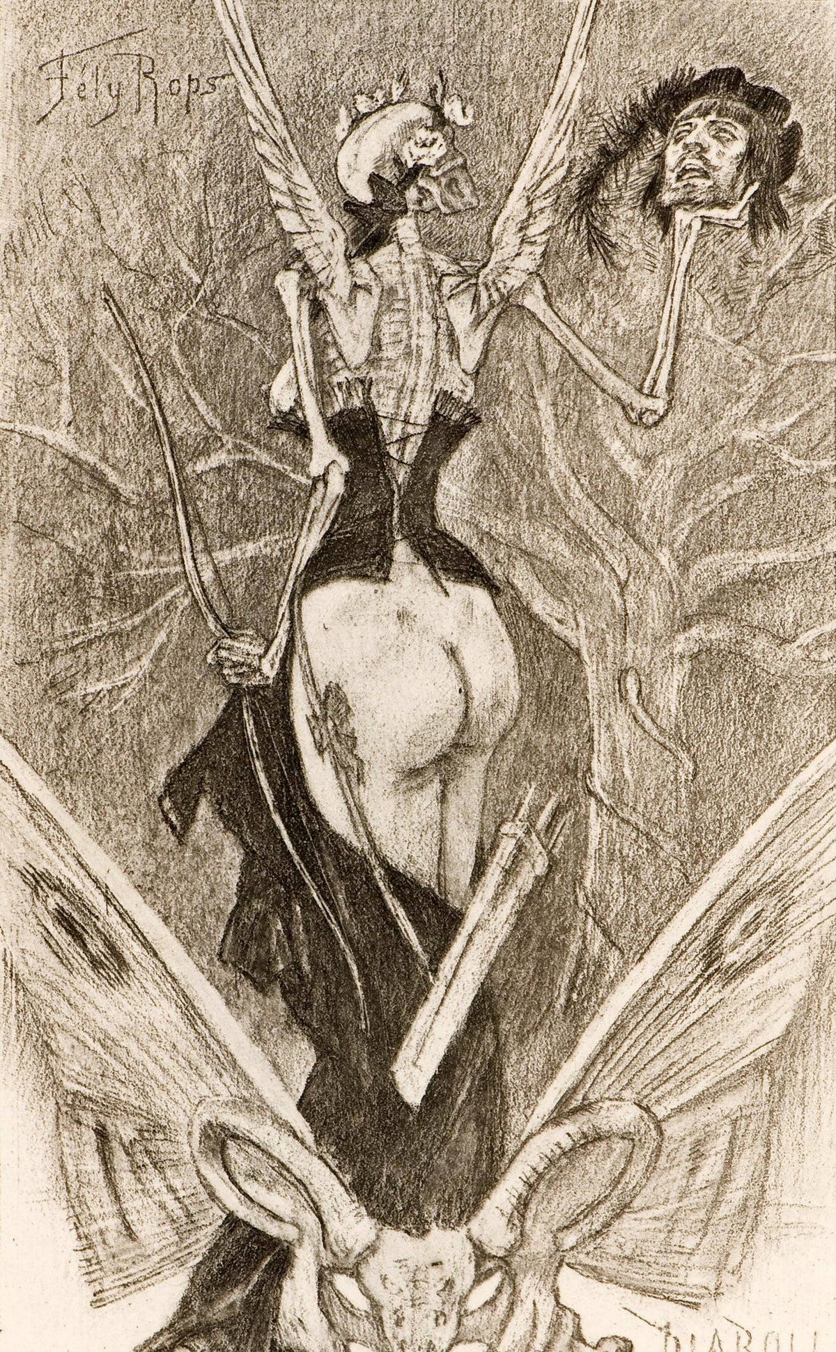 Sentimental Initiation by Félicien Rops — A winged skeleton in a corset rises over a moth-winged pelvis