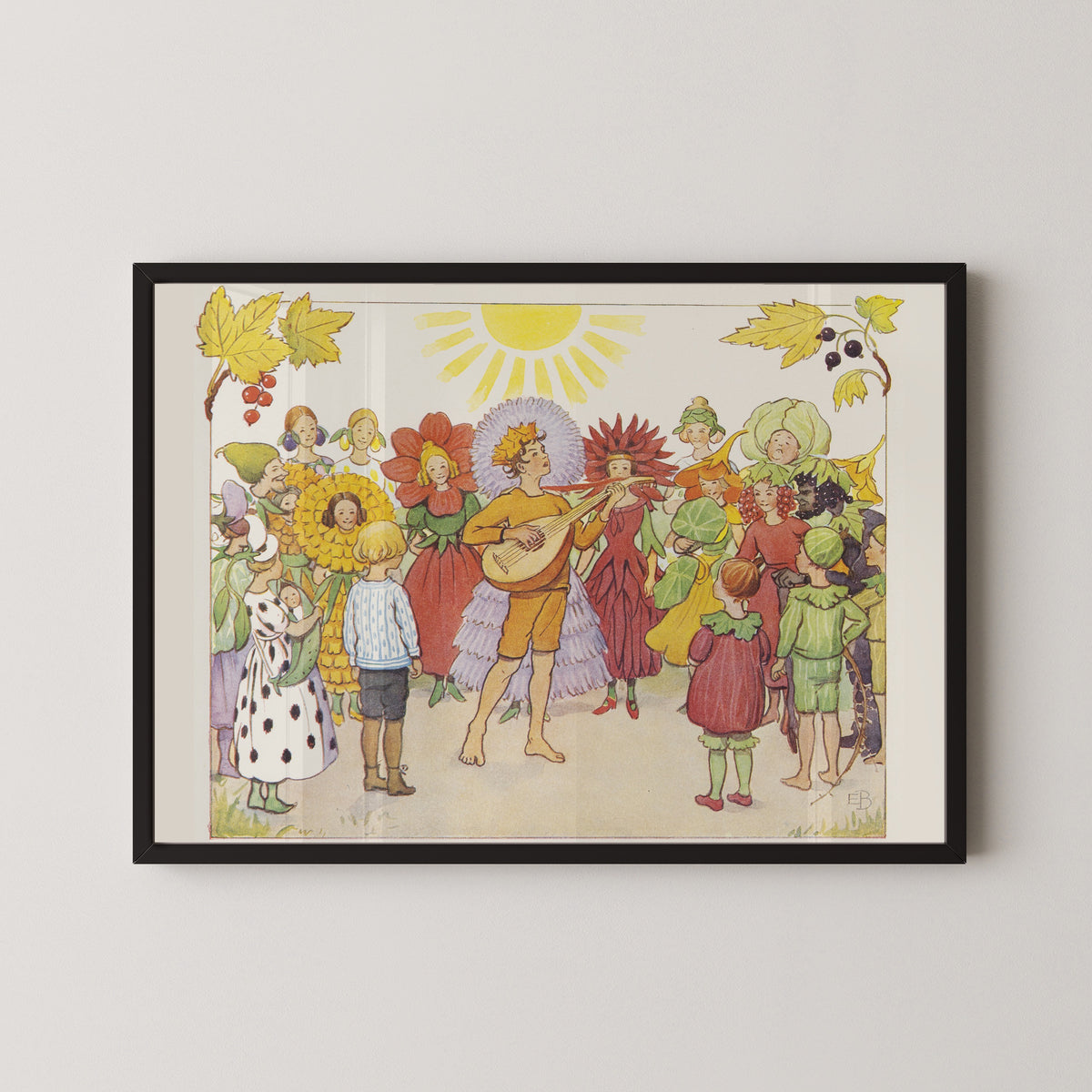 Framed art print of September Sings His Autumn Song to the Garden by Elsa Beskow, in a black frame on a pale wall