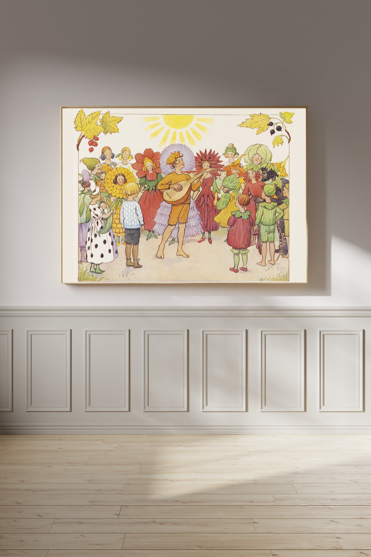Framed art print of September Sings His Autumn Song to the Garden by Elsa Beskow, on a panelled wall in afternoon light