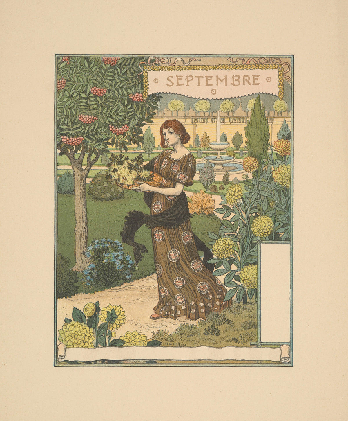 Septembre by Eugène Grasset — A woman with a basket of yellow blooms walks a garden of dahlias