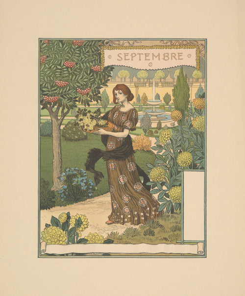Septembre by Eugène Grasset — A woman with a basket of yellow blooms walks a garden of dahlias