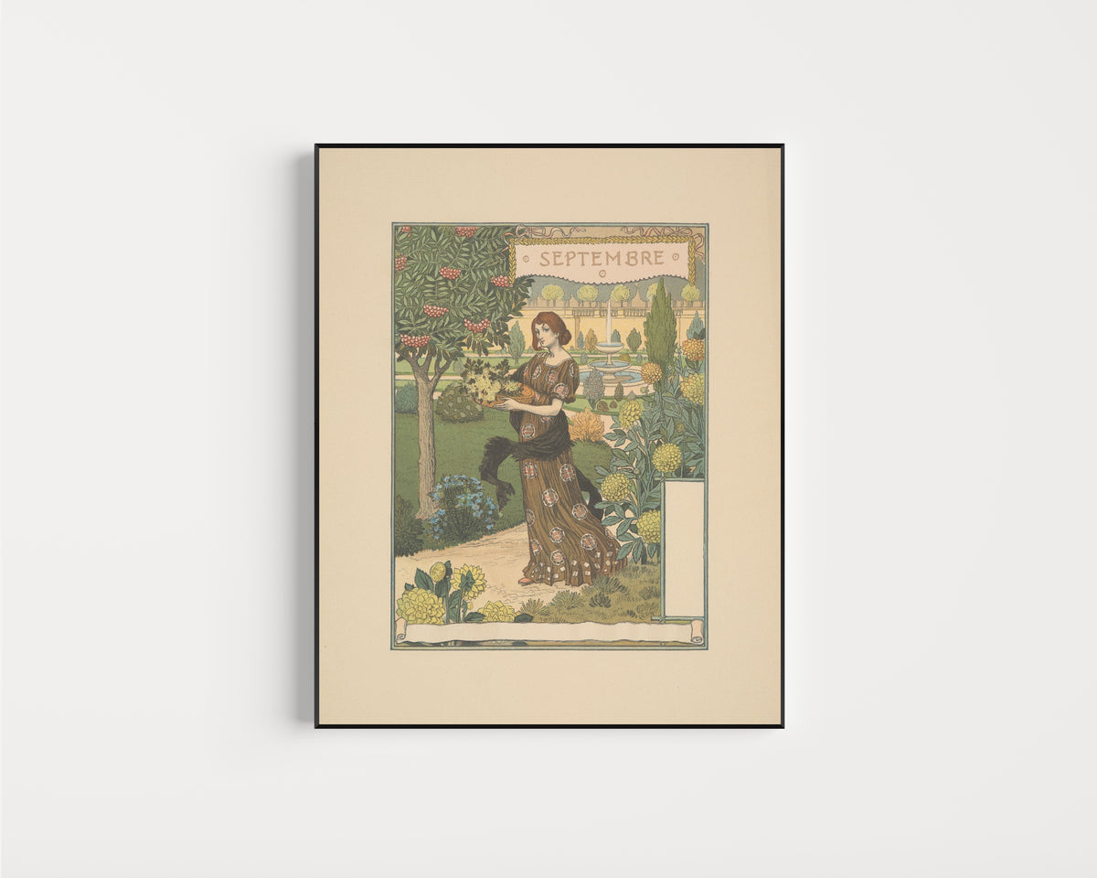 Framed art print of Septembre by Eugène Grasset, in a slim black frame on a plain white wall