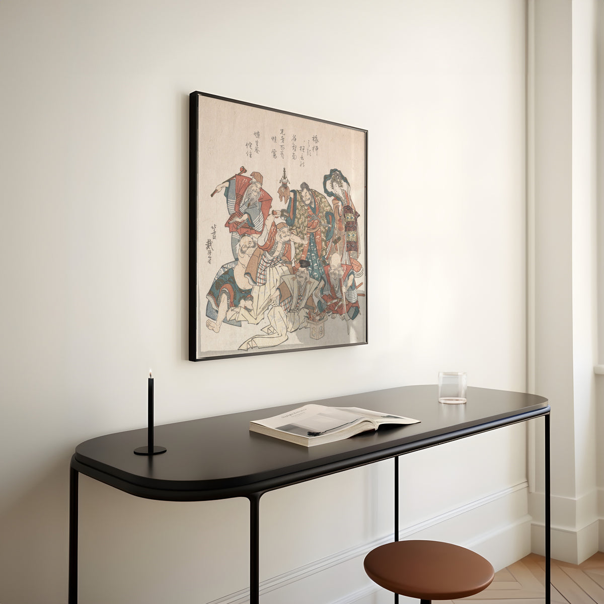 Framed art print of Seven Gods of Good Fortune by Katsushika Hokusai, above a slim black console table