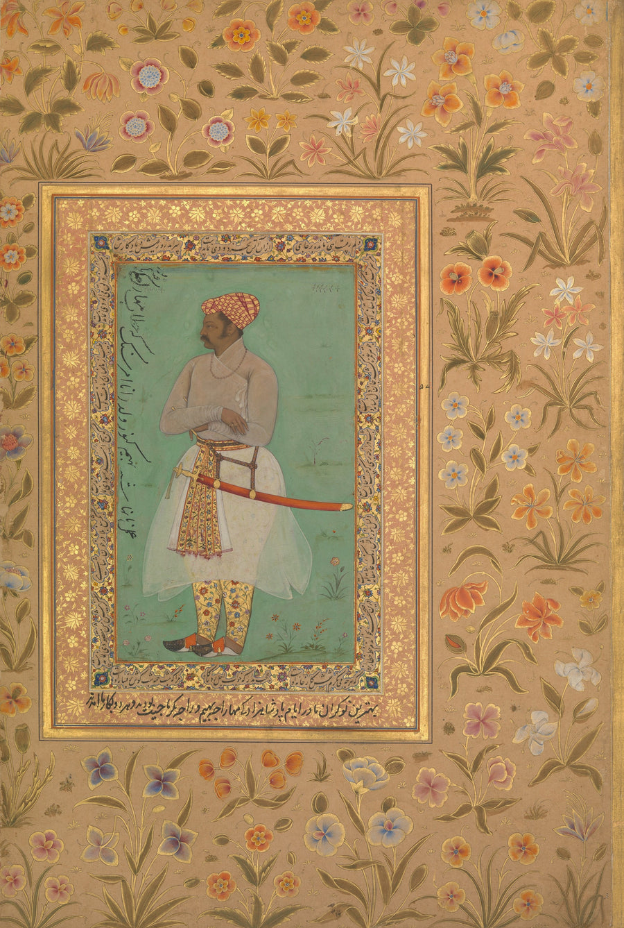 Nanha — Shah Jahan Album: Portrait of Maharaja Bhim Kanwar | Mughal Painting Art Print shown to scale on a wall above a sofa